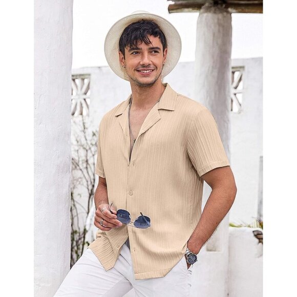 ❤️Men's Brown Shirts Short Sleeve Casual  Button Down Shirt Summer Beach Shirt - Picture 3 of 7
